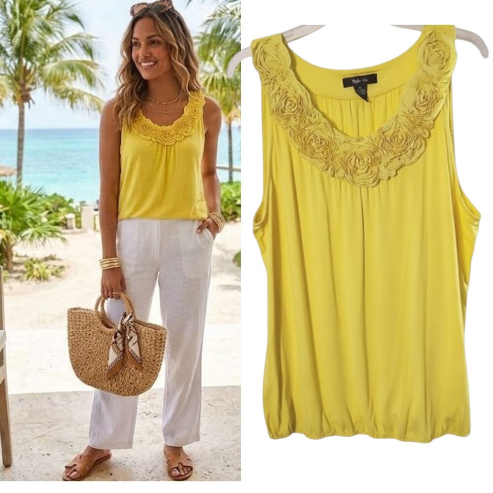 Style & Co Yellow Rosette Scoop Neck Tank Top XL - Casual Resort Wear